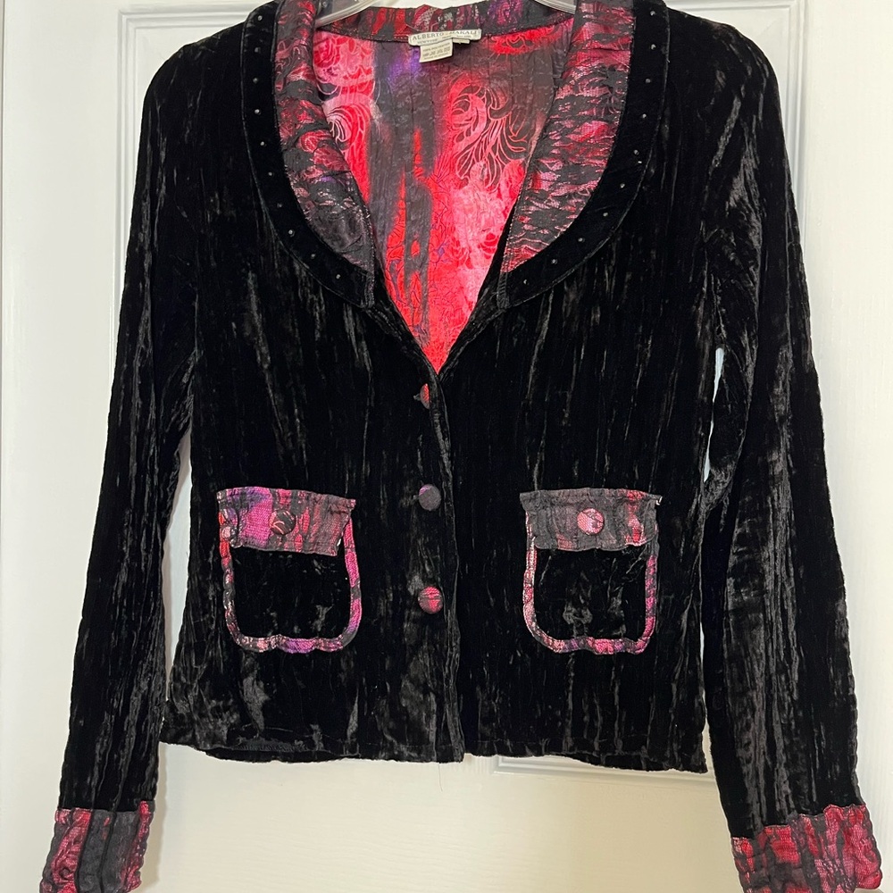 Alberto Makali 90’s Crushed Velvet Jacket with Red Covered in Black Lace Accents